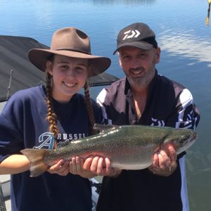 Abbey and Mark Wright with Abbey’s 3.63 kg rainbow trout from Lake Purrumbete (Picture: Lake Purrumbete Holiday Park).