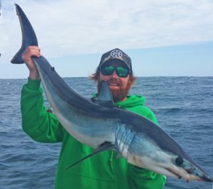 Aaron Habgood with his Mako shark from 50 metres of water off Port Phillip Heads (Picture: Aaron Habgood).